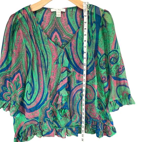 Anthropologie Trinity Blouse M Green Silk Paisley Sheer Ruffle Forest Fairy Top - Picture 7 of 13